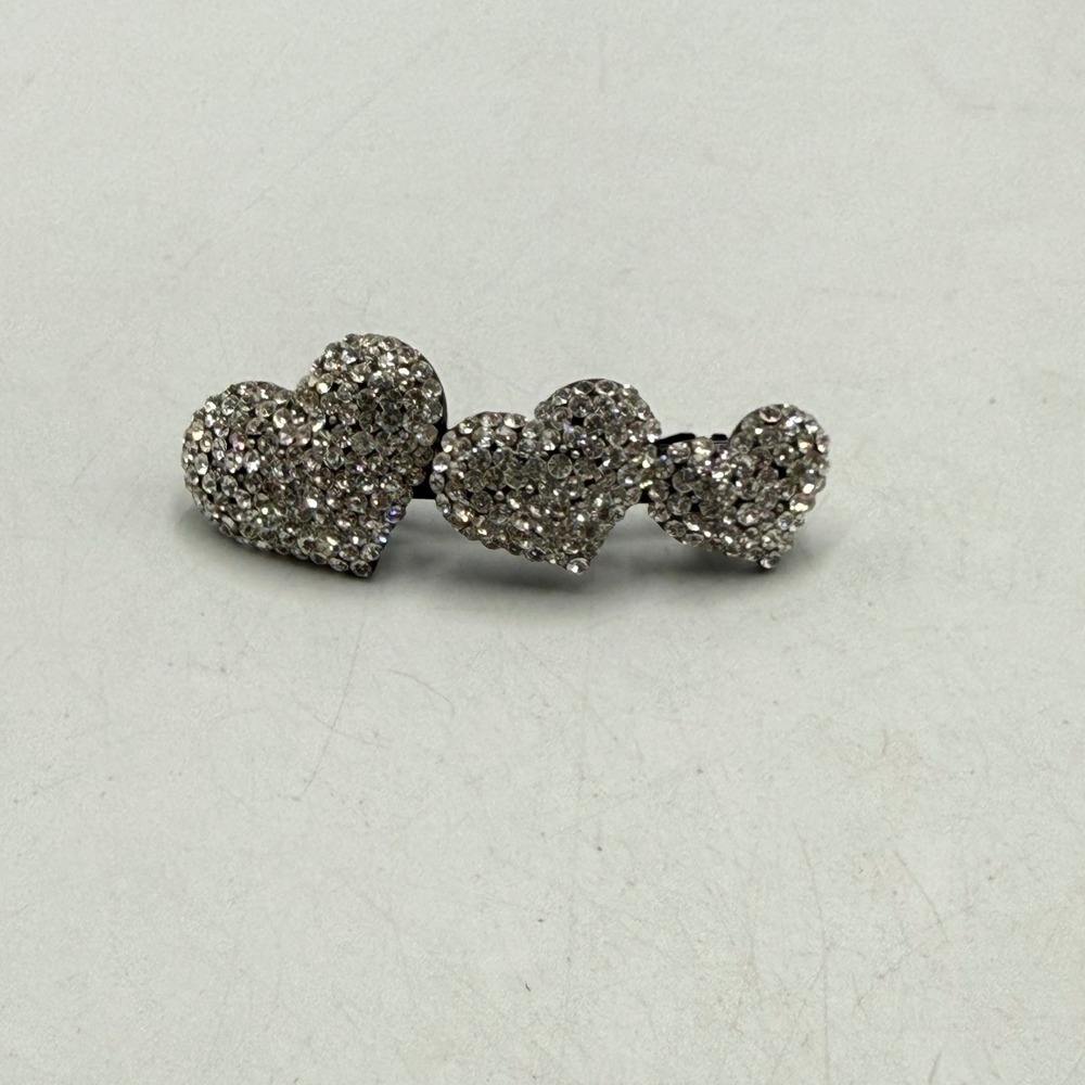 Black Metal Triple Heart Rhinestone Hair Barrette Clear Crystal Hair Clip